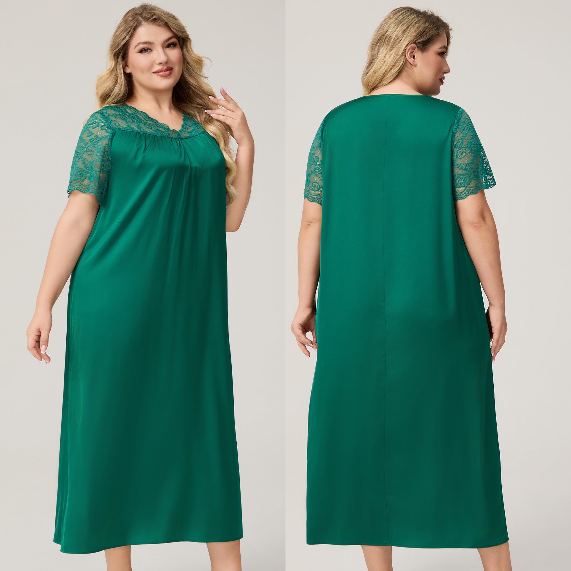 Satin Chiffon Long Nightdress for Women, Short Sleeve V-Neck, Plus Size