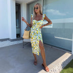 French Floral Strapless Split Midi Dress for Women, Backless