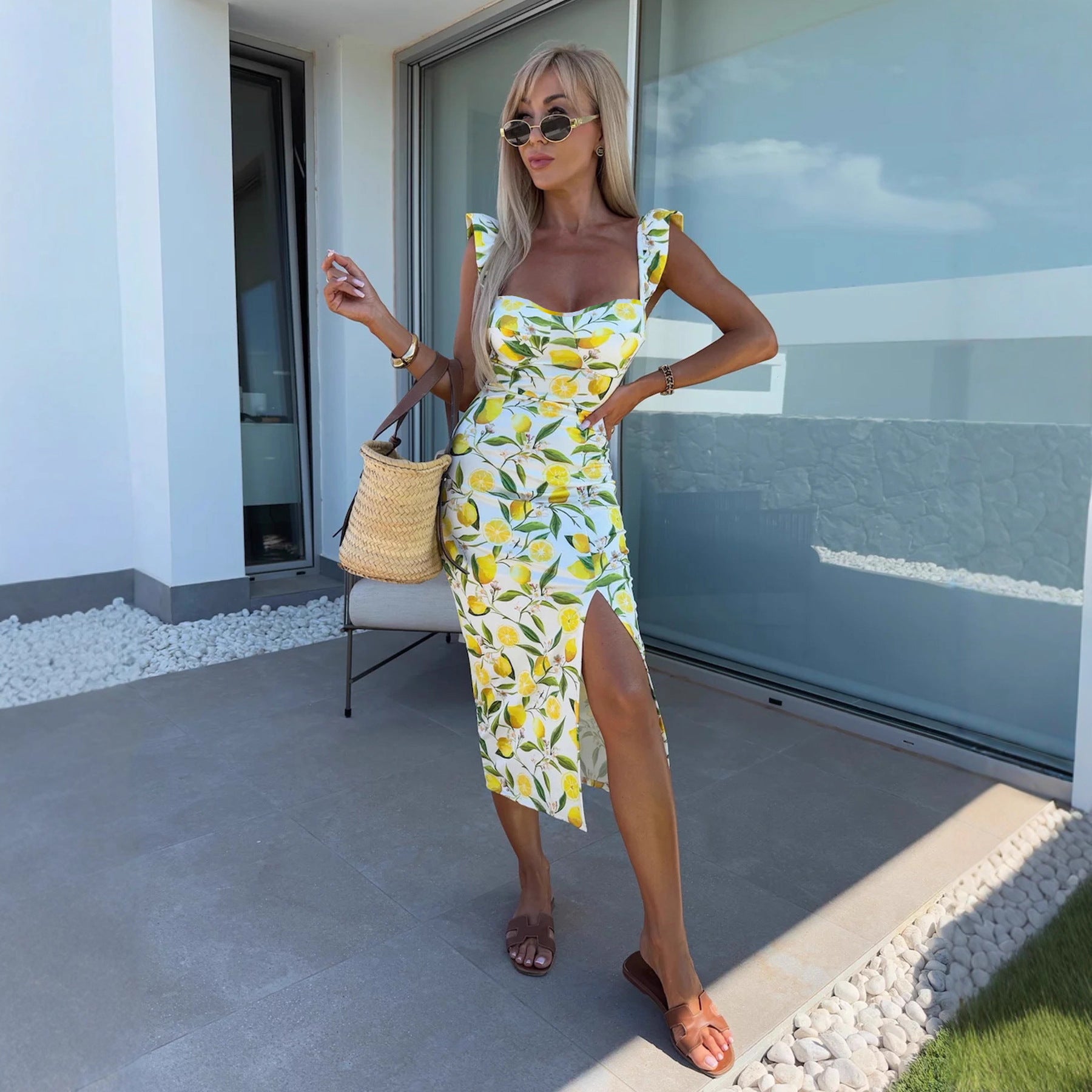 French Floral Strapless Split Midi Dress for Women, Backless