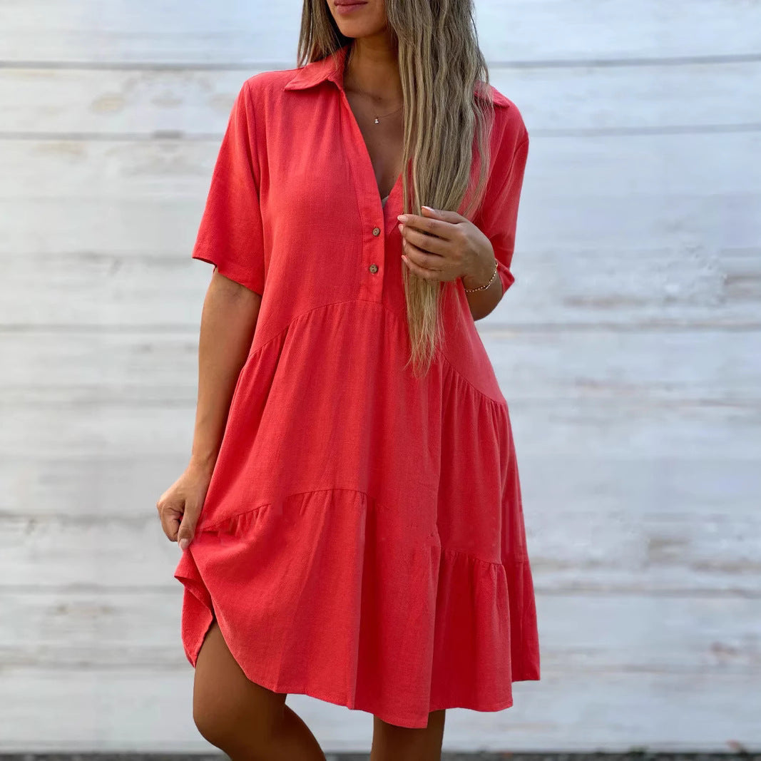 Solid V-Neck Short-Sleeve A-Line Midi Dress Secondary image