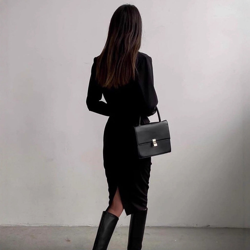 French Vintage Long-Sleeve Bodycon Midi Dress for Women, Round Neck
