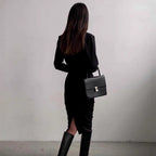 French Vintage Long-Sleeve Bodycon Midi Dress for Women, Round Neck