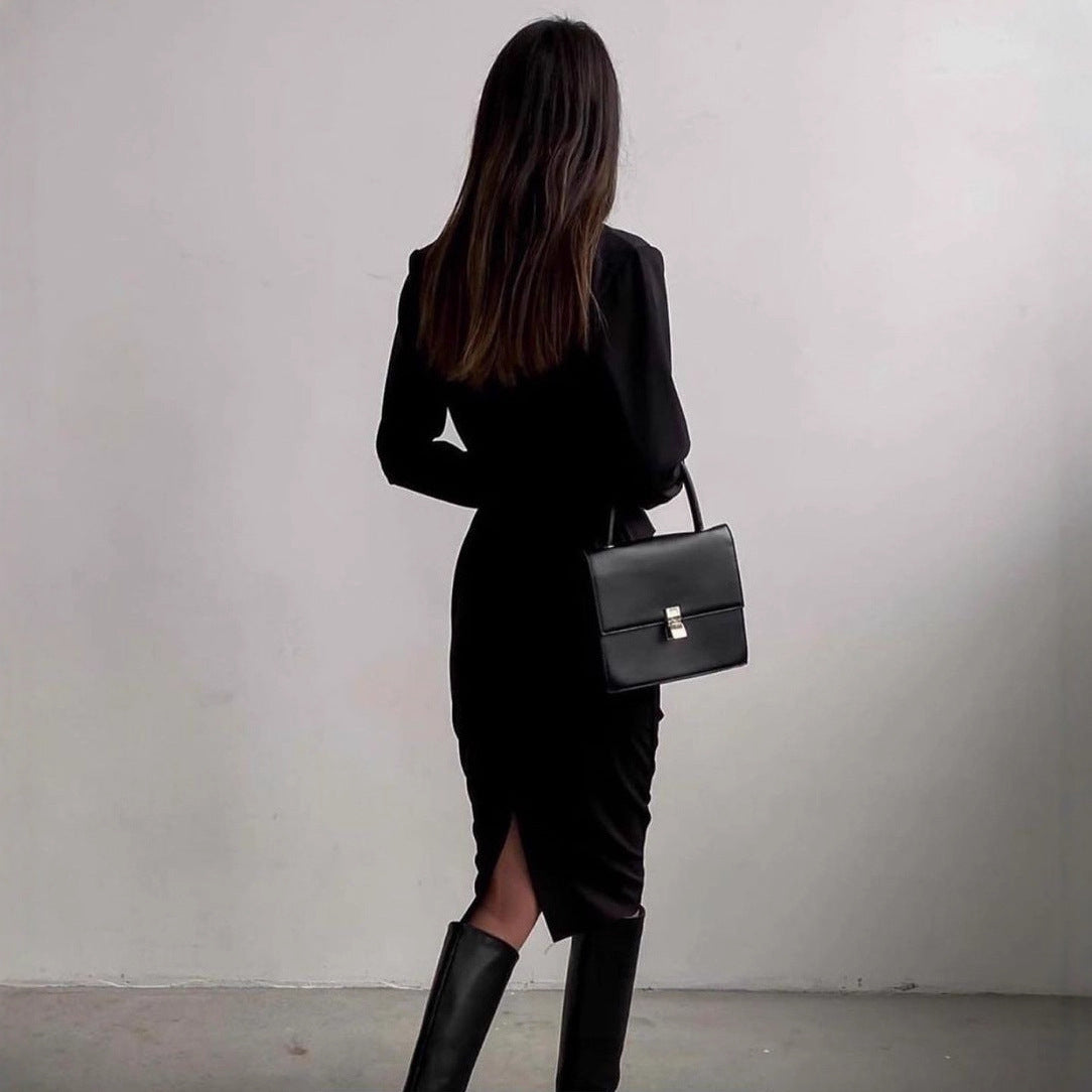 French Vintage Long-Sleeve Bodycon Midi Dress for Women, Round Neck