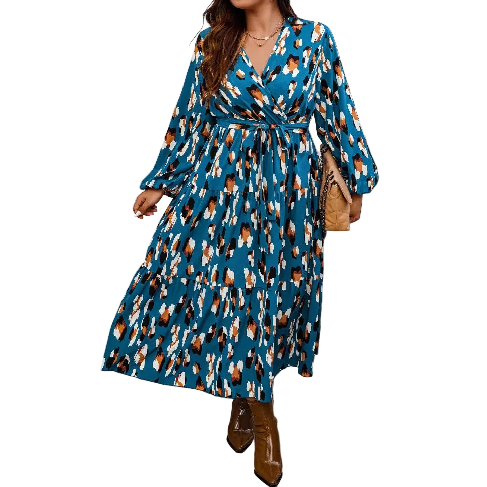 Plus-Size Printed V-Neck Maxi Dress for women with long sleeves