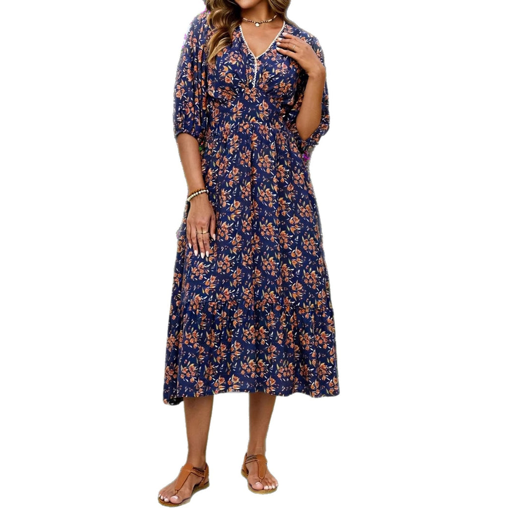 Floral Hollow-Lace Beach Dress for Women, V-Neck Short Sleeve