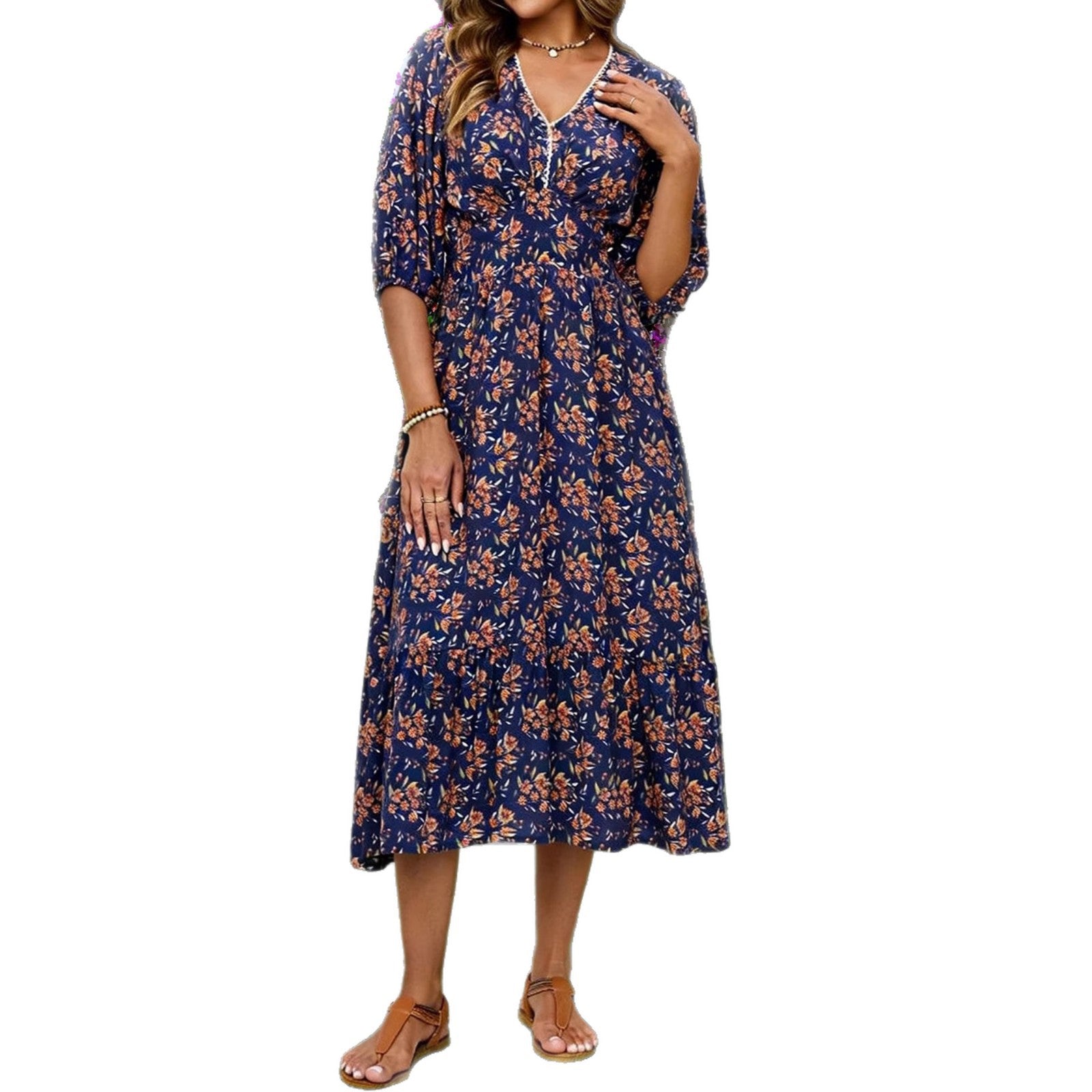 Floral Hollow-Lace Beach Dress for Women, V-Neck Short Sleeve