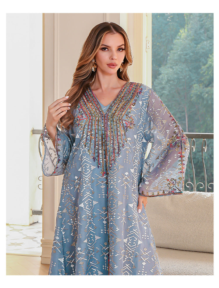 Embroidered V-Neck Abaya Maxi Dress