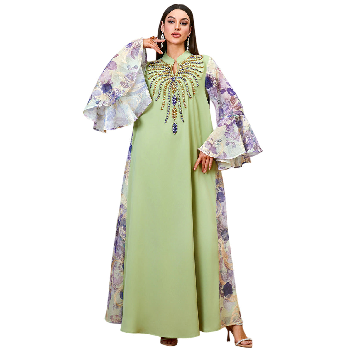 Beaded V-Neck Flared-Sleeve Maxi Dress