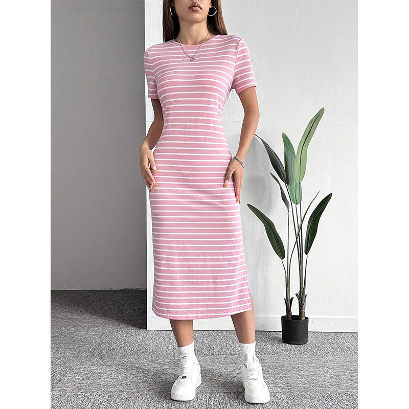 Zebra-Stripe High-Slit Midi Dress for Women, Round Neck Short Sleeve