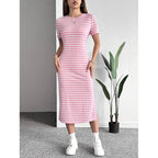 Zebra-Stripe High-Slit Midi Dress for Women, Round Neck Short Sleeve