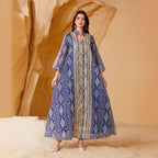 Blue & Green V-Neck Long-Sleeve Maxi Dress