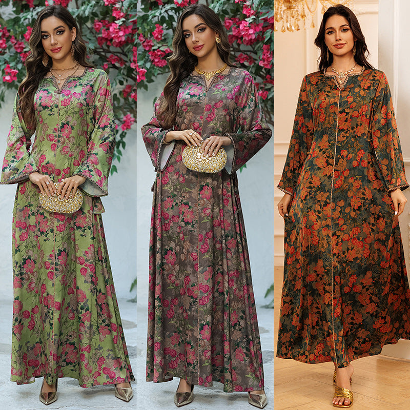 Printed Rhinestone Maxi Dress, Long Sleeve