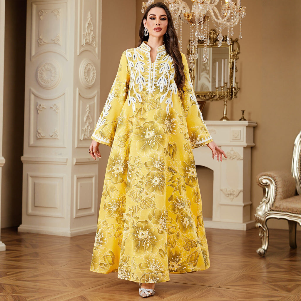 Yellow Embroidered Printed Robe Maxi Dress