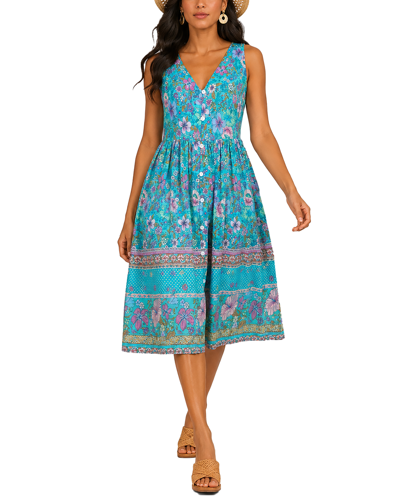 Printed V-Neck Midi Dress, Sleeveless