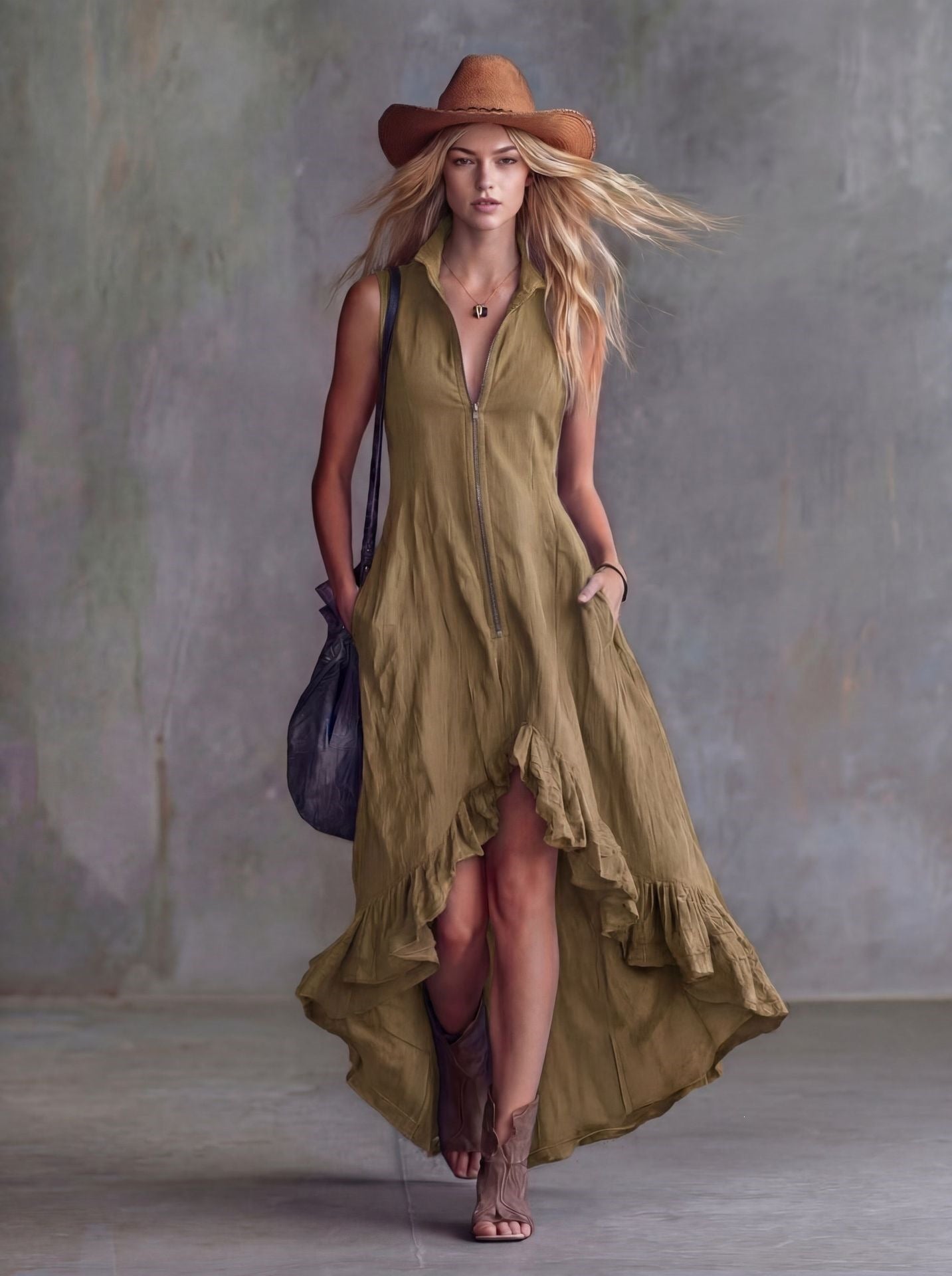 Zip-Front A-Line Maxi Dress