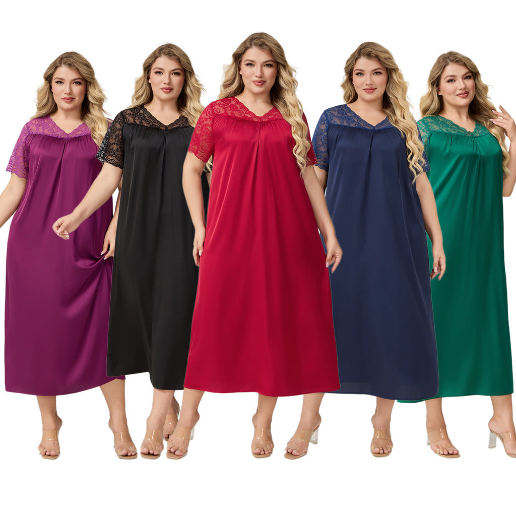 Satin Chiffon Long Nightdress for Women, Short Sleeve V-Neck, Plus Size