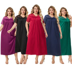 Satin Chiffon Long Nightdress for Women, Short Sleeve V-Neck, Plus Size