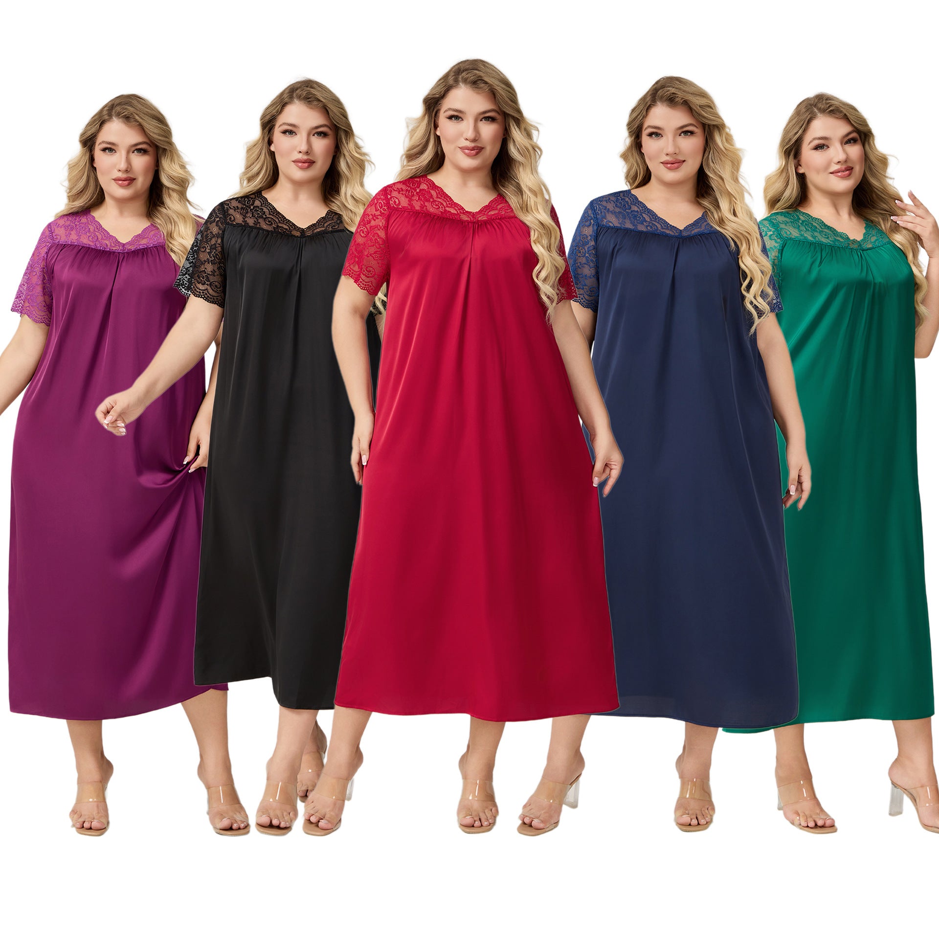 Satin Chiffon Long Nightdress for Women, Short Sleeve V-Neck, Plus Size