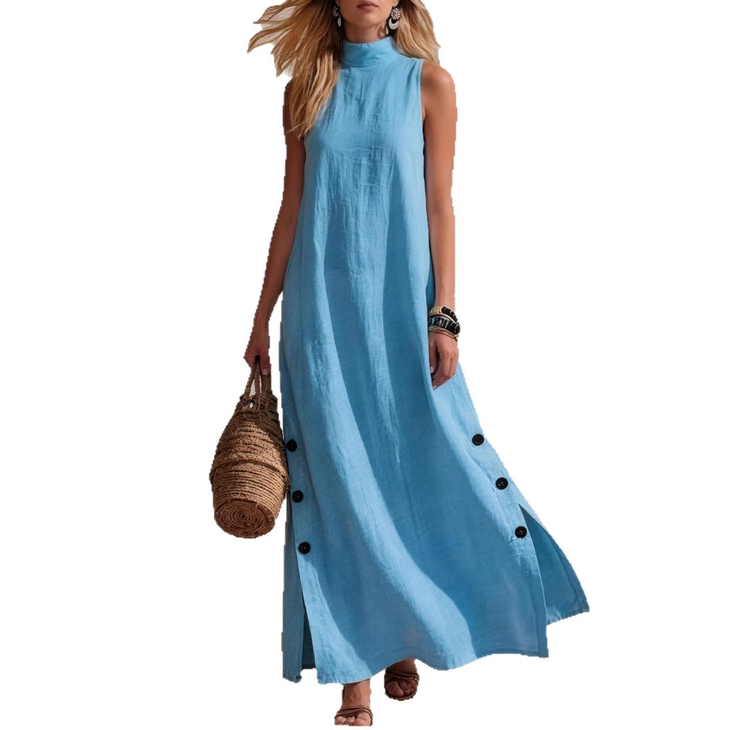 Cotton Linen Side-Slit Maxi Dress for Women, Sleeveless