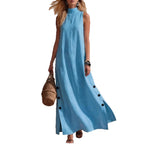 Cotton Linen Side-Slit Maxi Dress for Women, Sleeveless