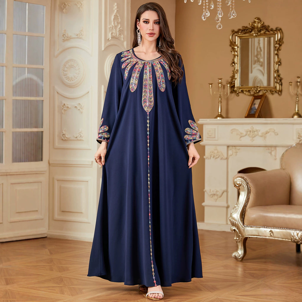 Navy Embroidered A-Line Robe Maxi Dress