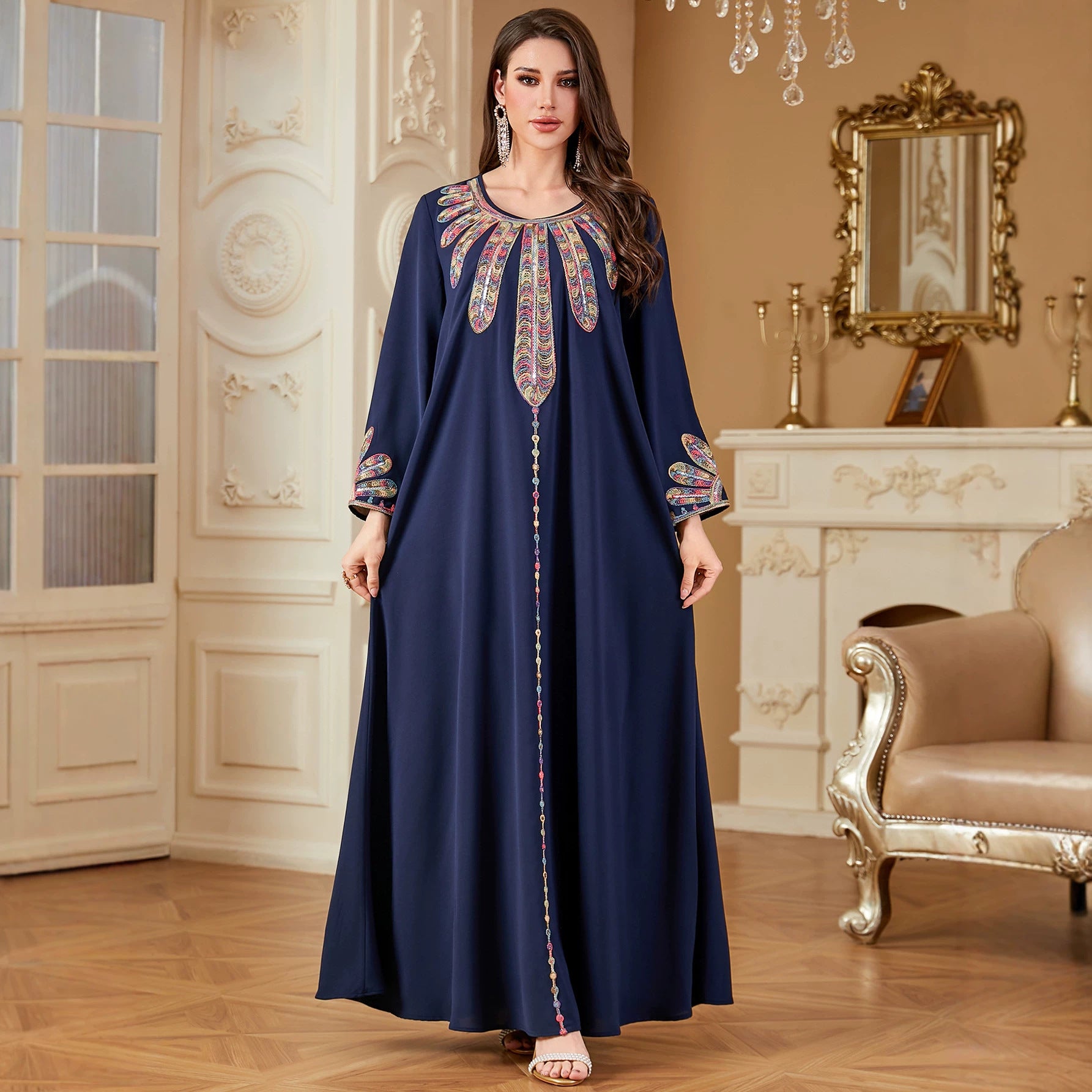 Navy Embroidered A-Line Robe Maxi Dress