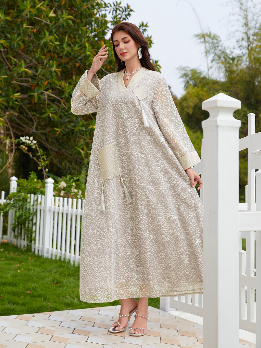 Mesh Tassel Long-Sleeve Maxi Dress