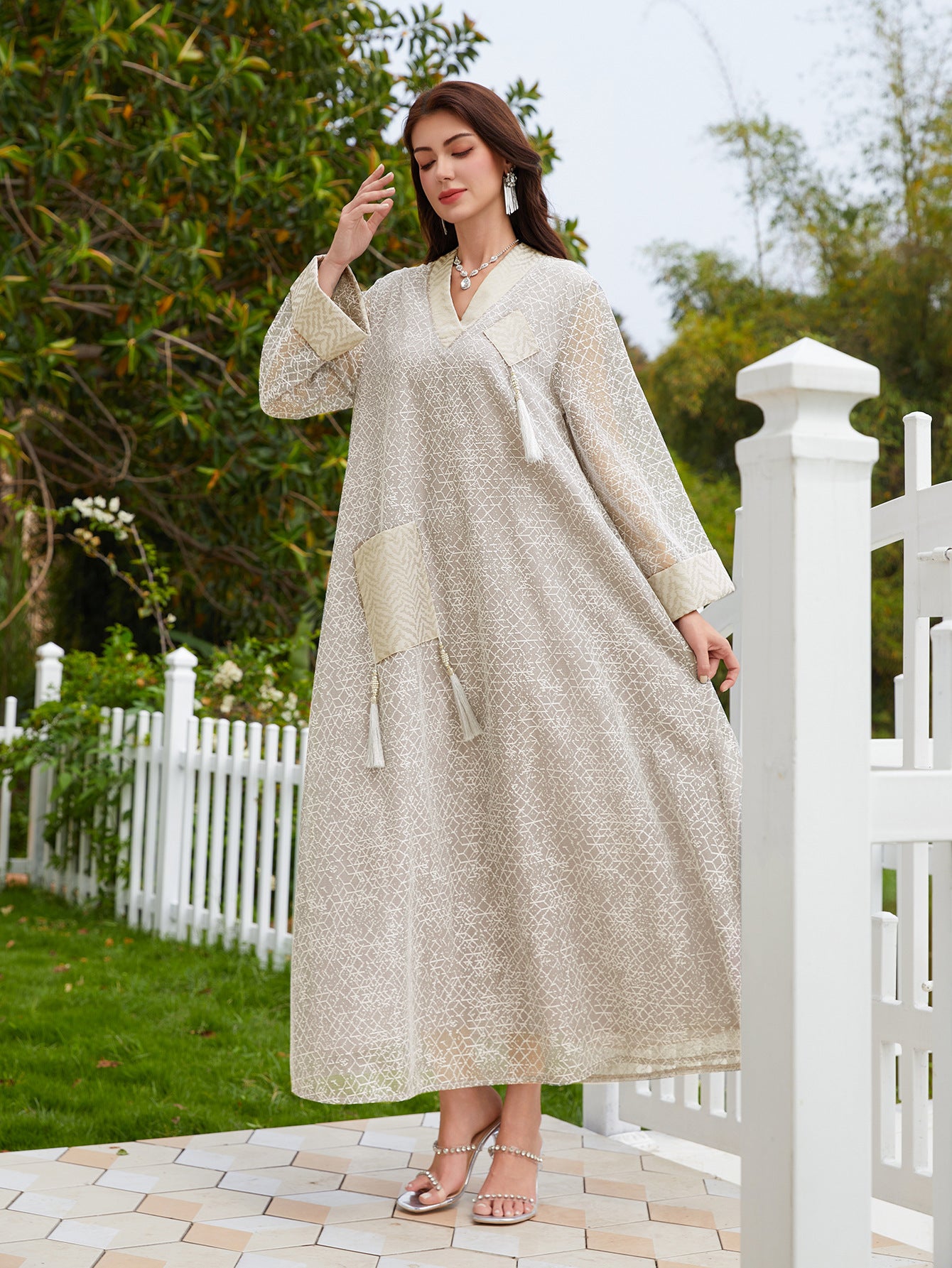 Mesh Tassel Long-Sleeve Maxi Dress