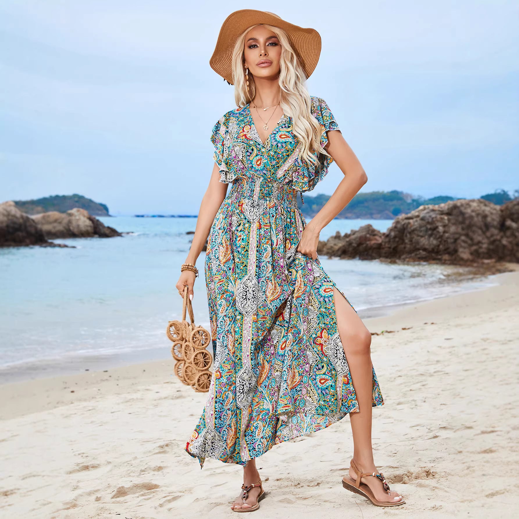Printed V-Neck Maxi Dress, Side Slit Secondary image