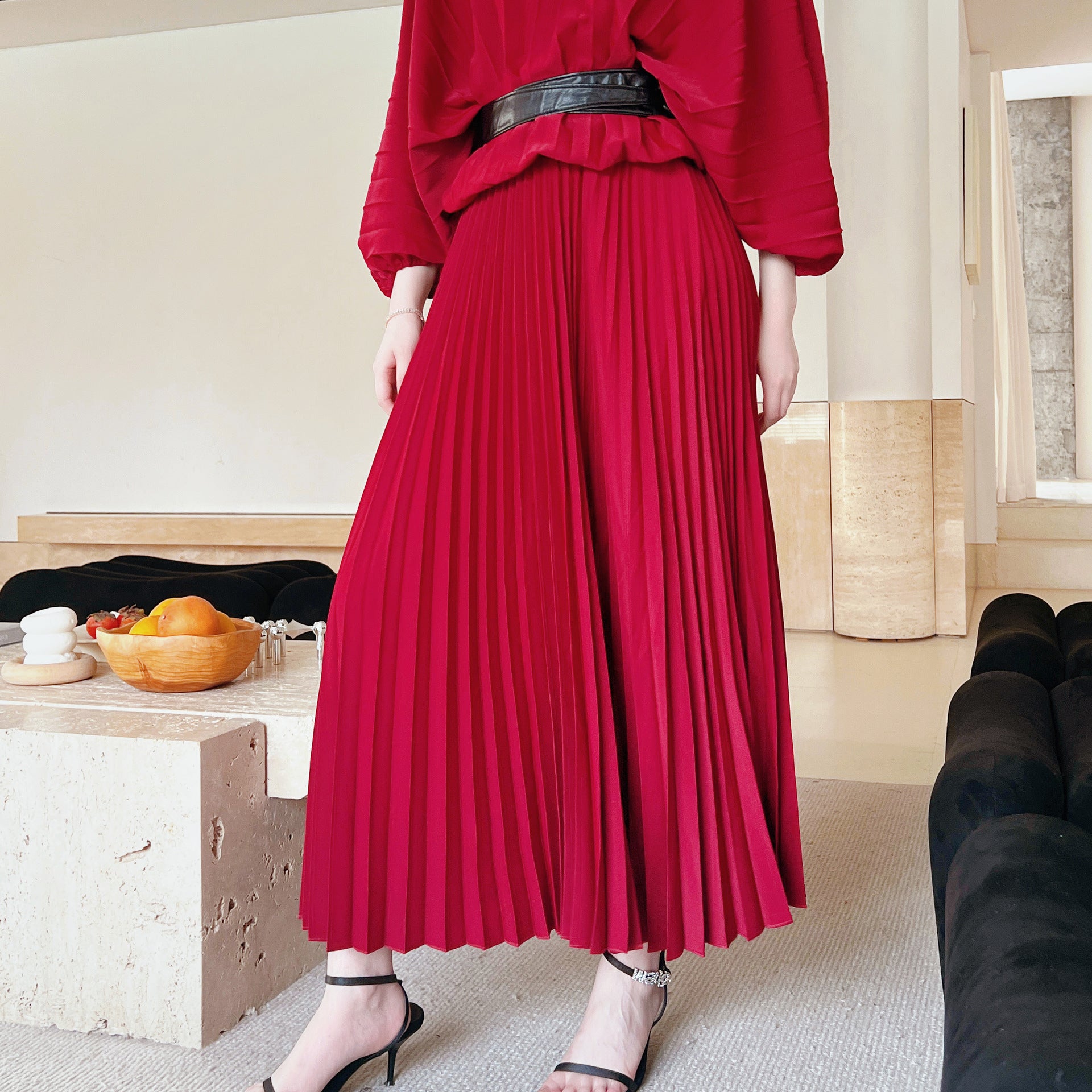 High-Drape Pleated Maxi Skirt for Women, One Size
