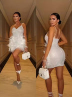 Sequin Diamond Feather Hem Suspender Gown in Ivory