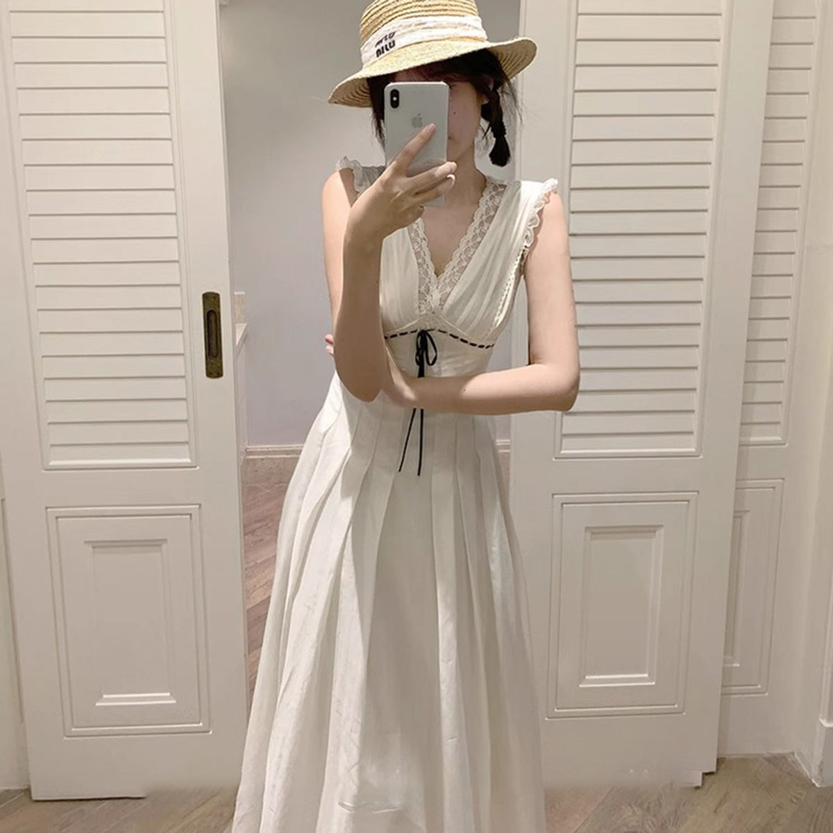 V-Neck Lace-Splice High-Waist Slim Dress for Women, Sleeveless