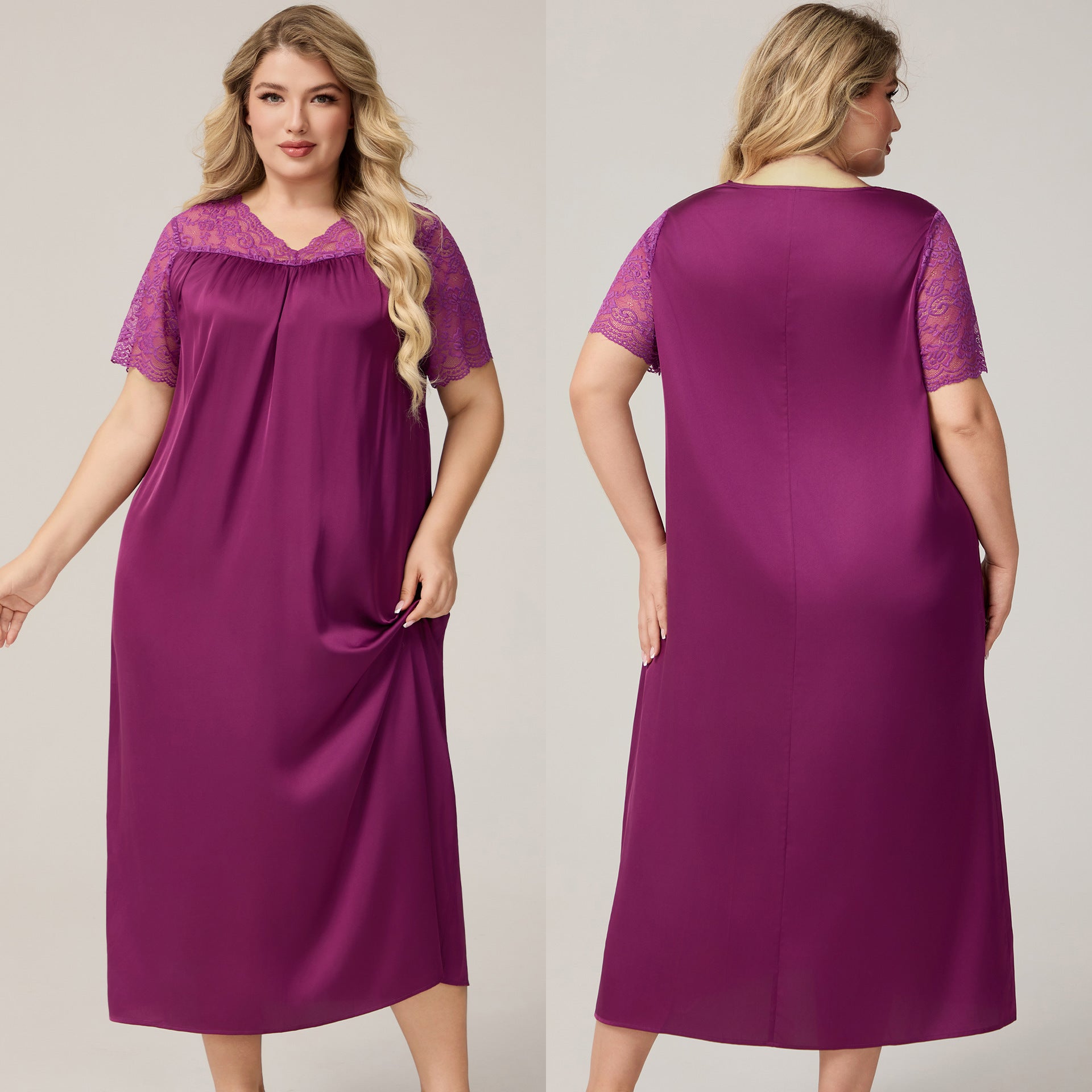 Satin Chiffon Long Nightdress for Women, Short Sleeve V-Neck, Plus Size