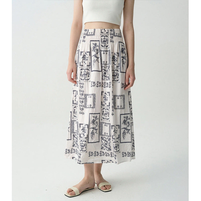 Elegant Fashion Design Printed A-Line Skirt High Waist Slimming Cool Feel Midi Skirt