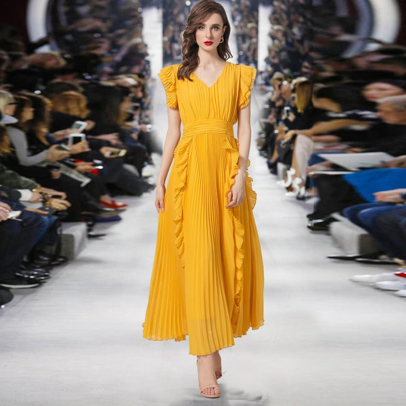 V-Neck Ruffle-Trim Sleeveless Maxi Dress in Yellow