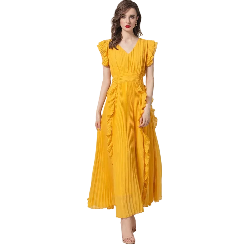 Yellow V-Neck Maxi Dress for women with V neck and sleeveless Main image