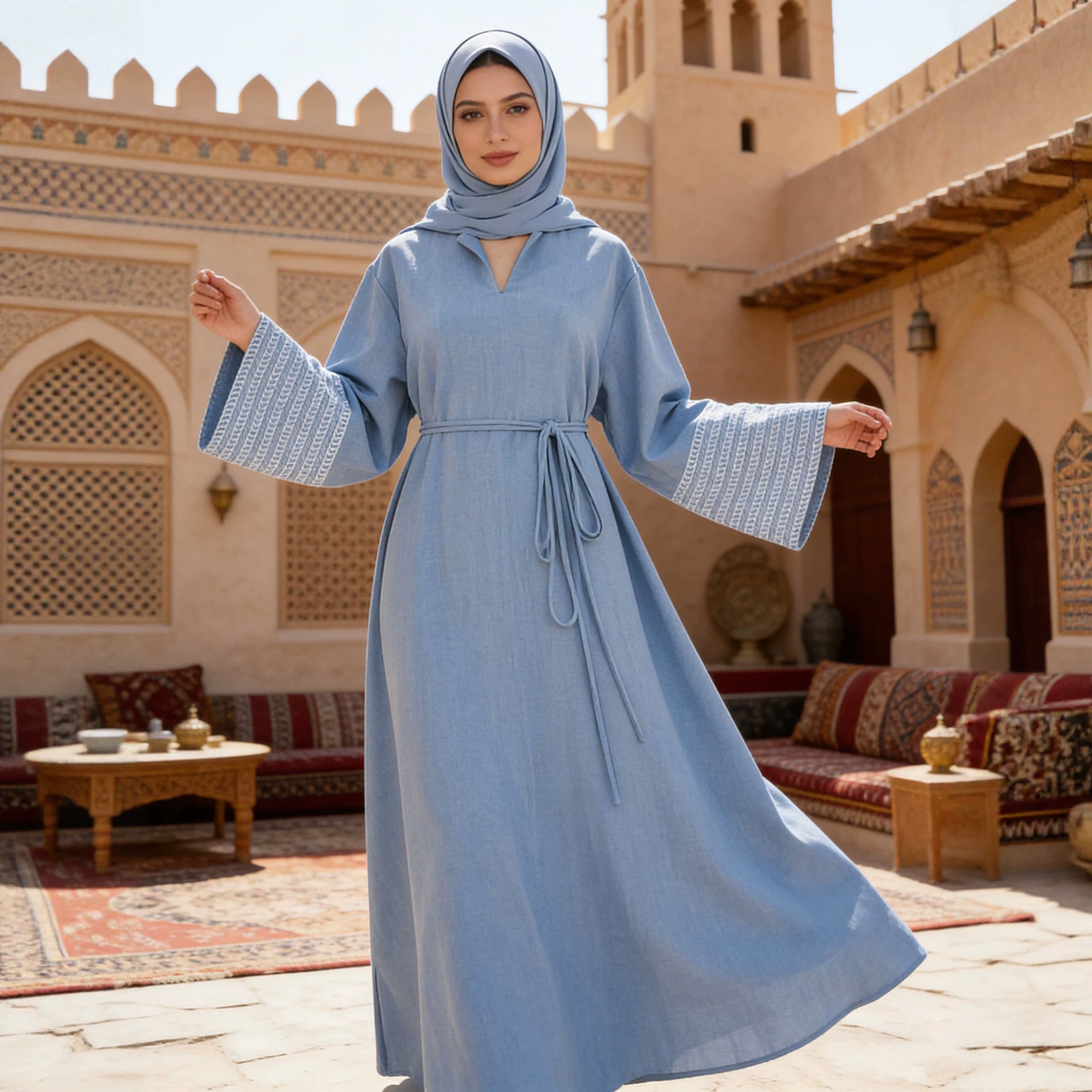 Embroidered Oversized Maxi Dress, Tie Belt
