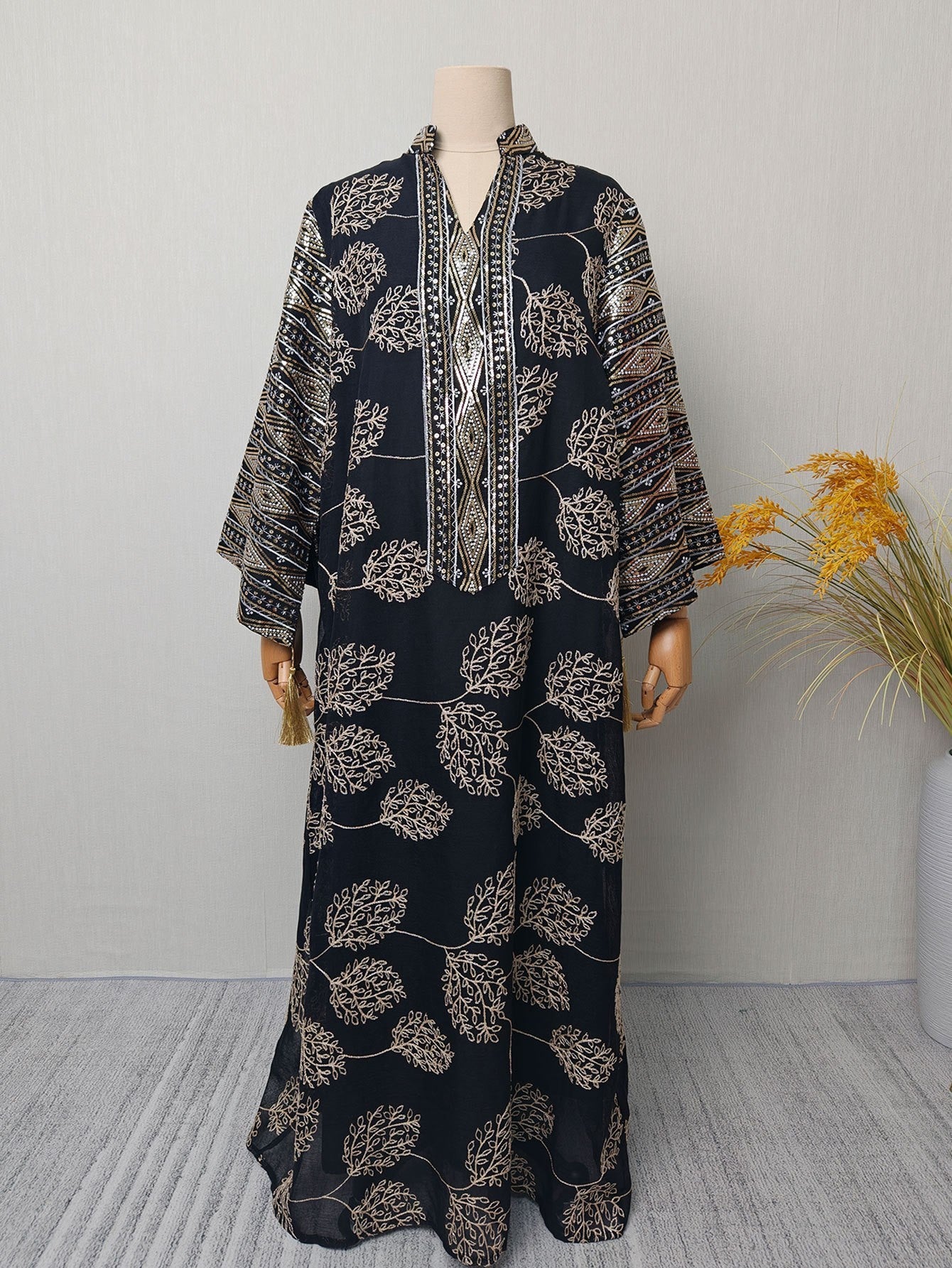Embroidered Floral Maxi Dress, Long Sleeve