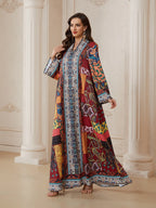 Red Printed Long-Sleeve Maxi Dress