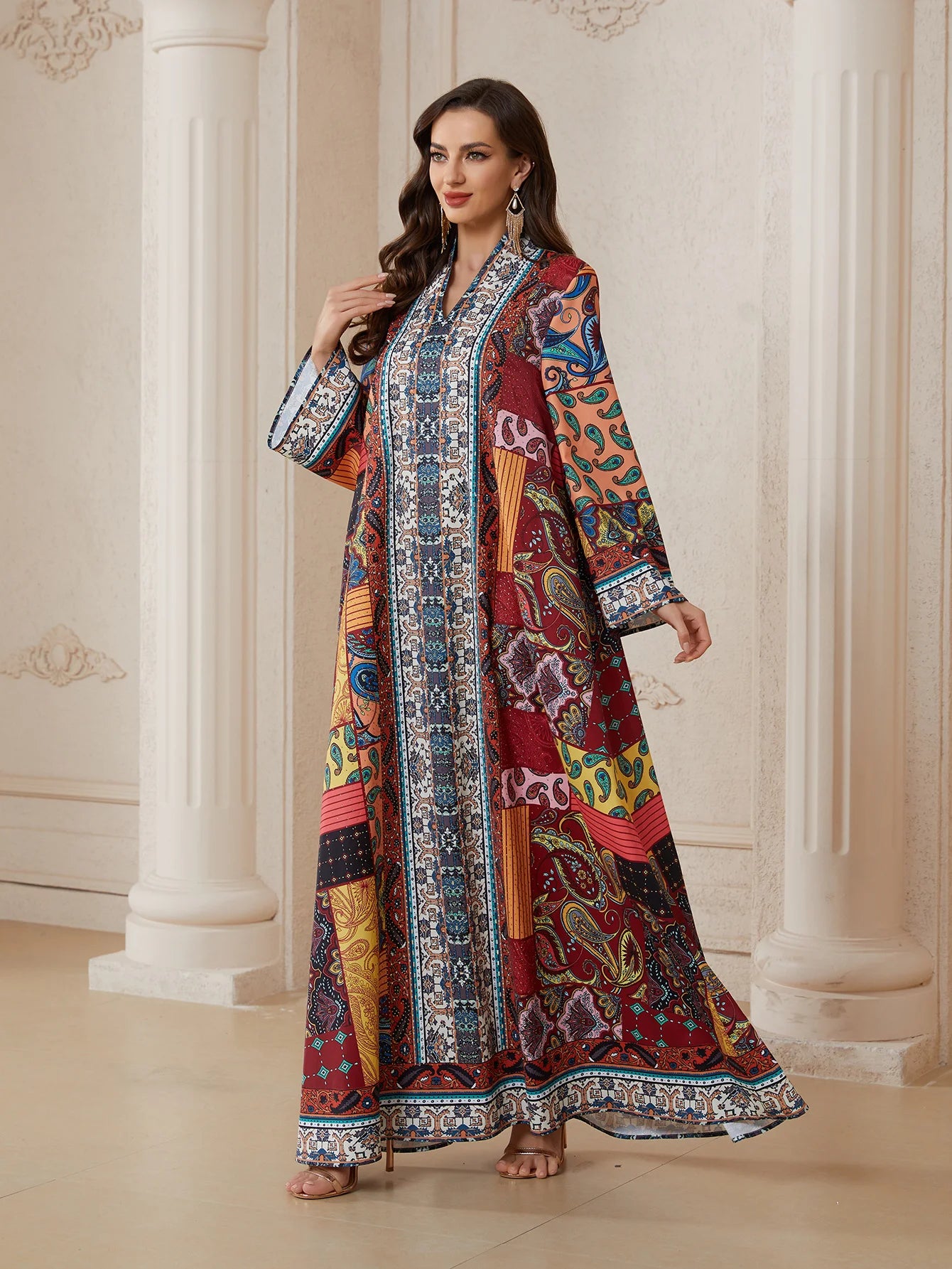 Red Printed Long-Sleeve Maxi Dress