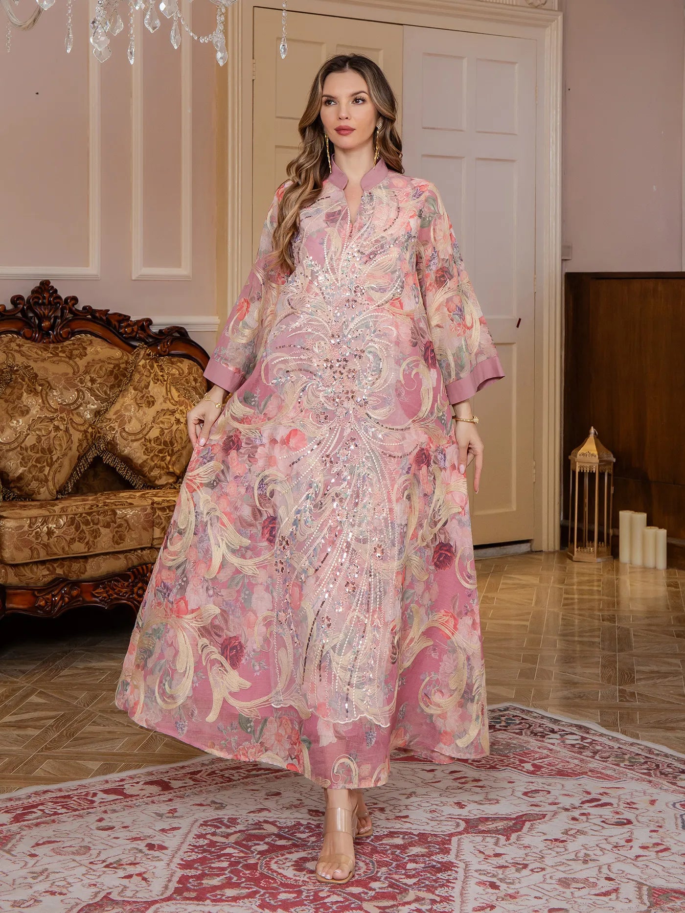 Printed Beaded Robe Maxi Dress