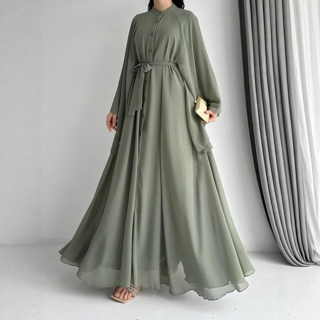 Green Belted Chiffon Maxi Dress
