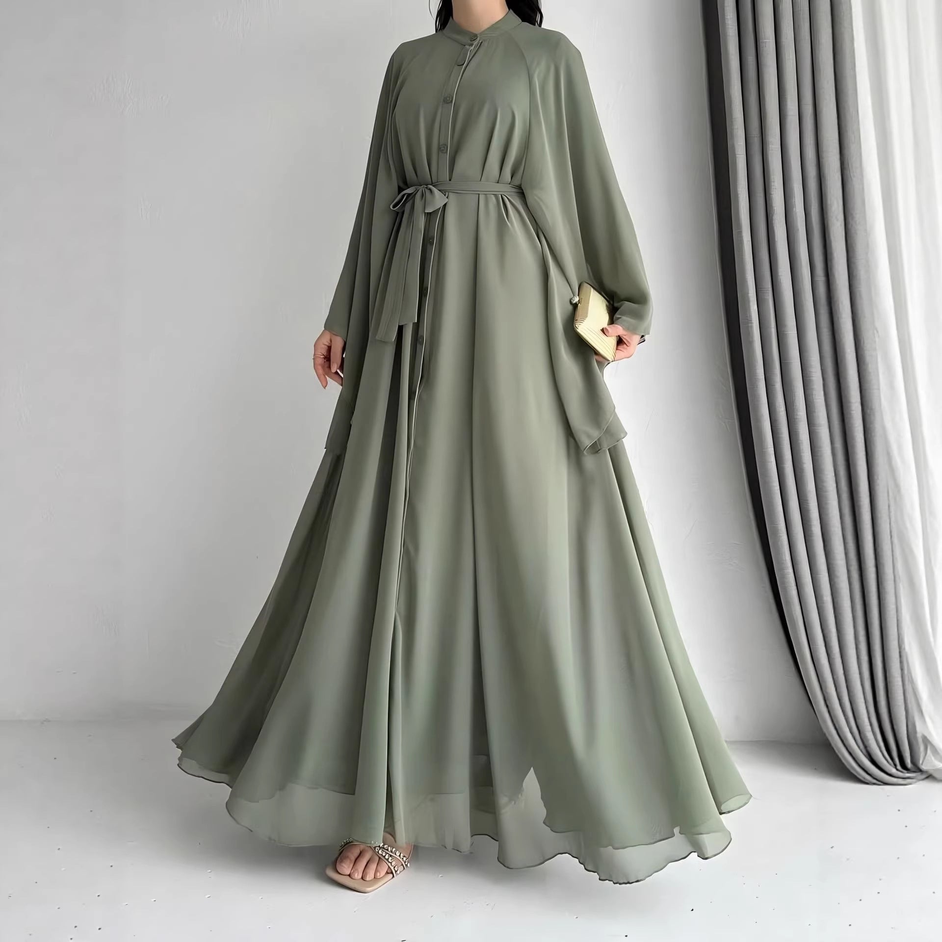 Green Belted Chiffon Maxi Dress