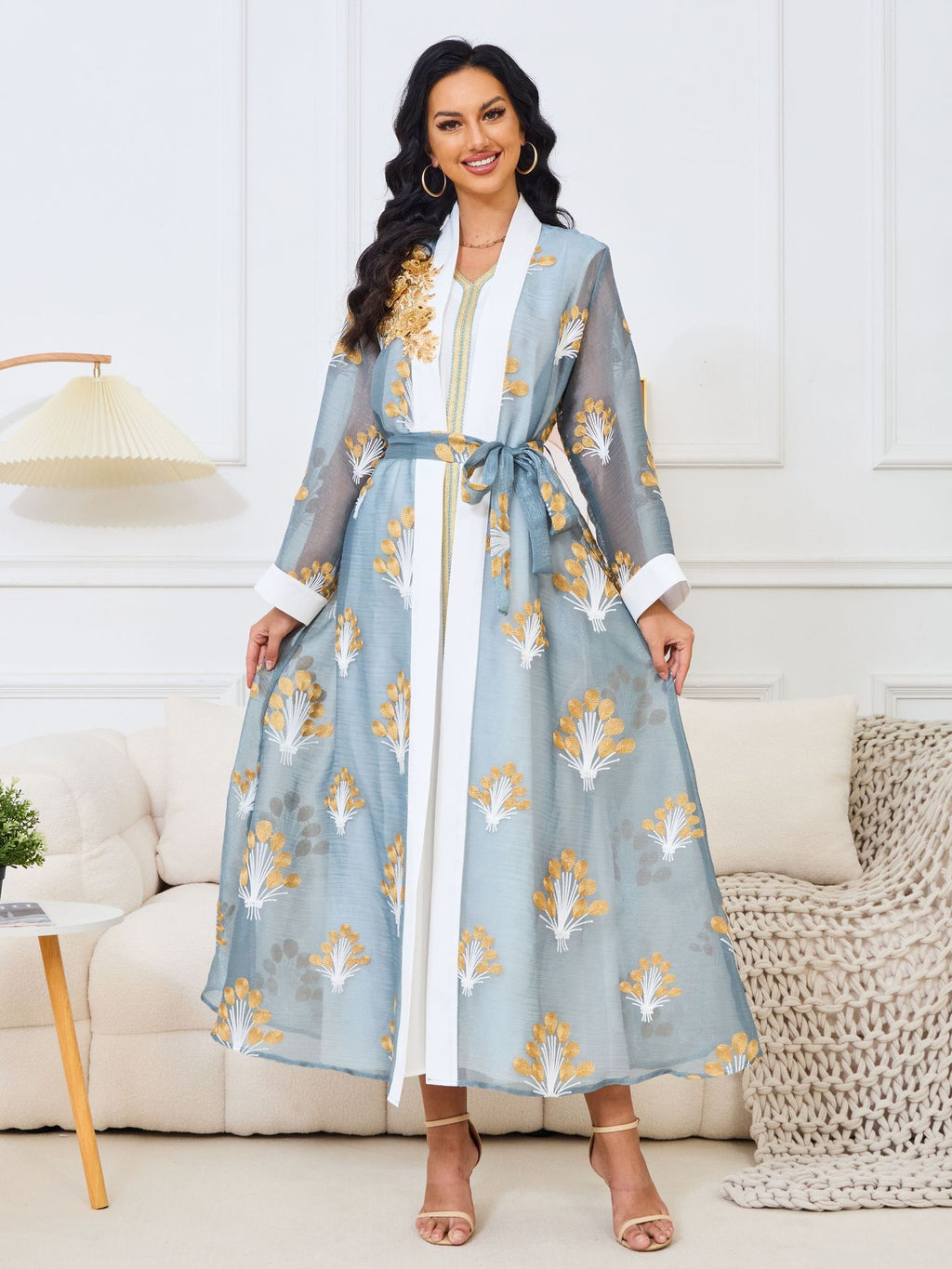 Embroidered bead two-piece long skirt set