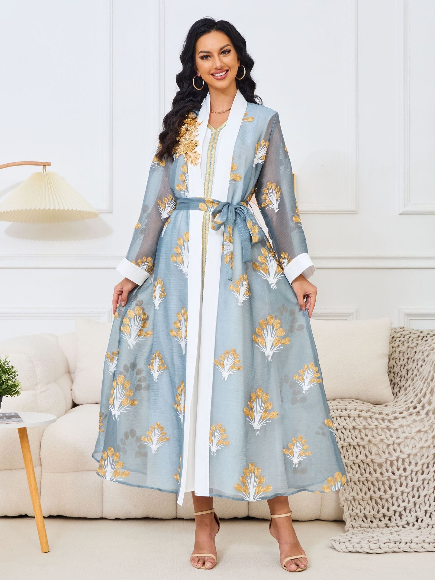 Embroidered bead two-piece long skirt set