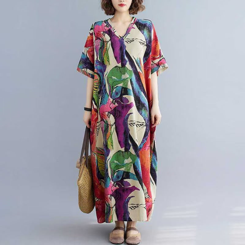 Lightweight V-Neck Short-Sleeve Full-Skirt Beach Dress for Women