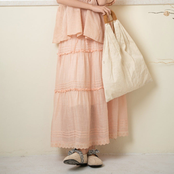 Pleated Lace Maxi Skirt for Women, One Size