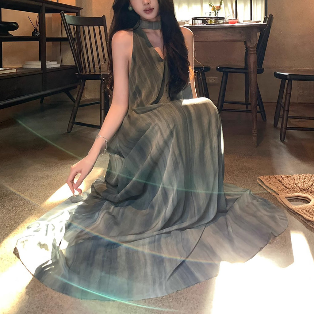 Sheer Backless Halter Maxi Beach Dress for Women, Sleeveless