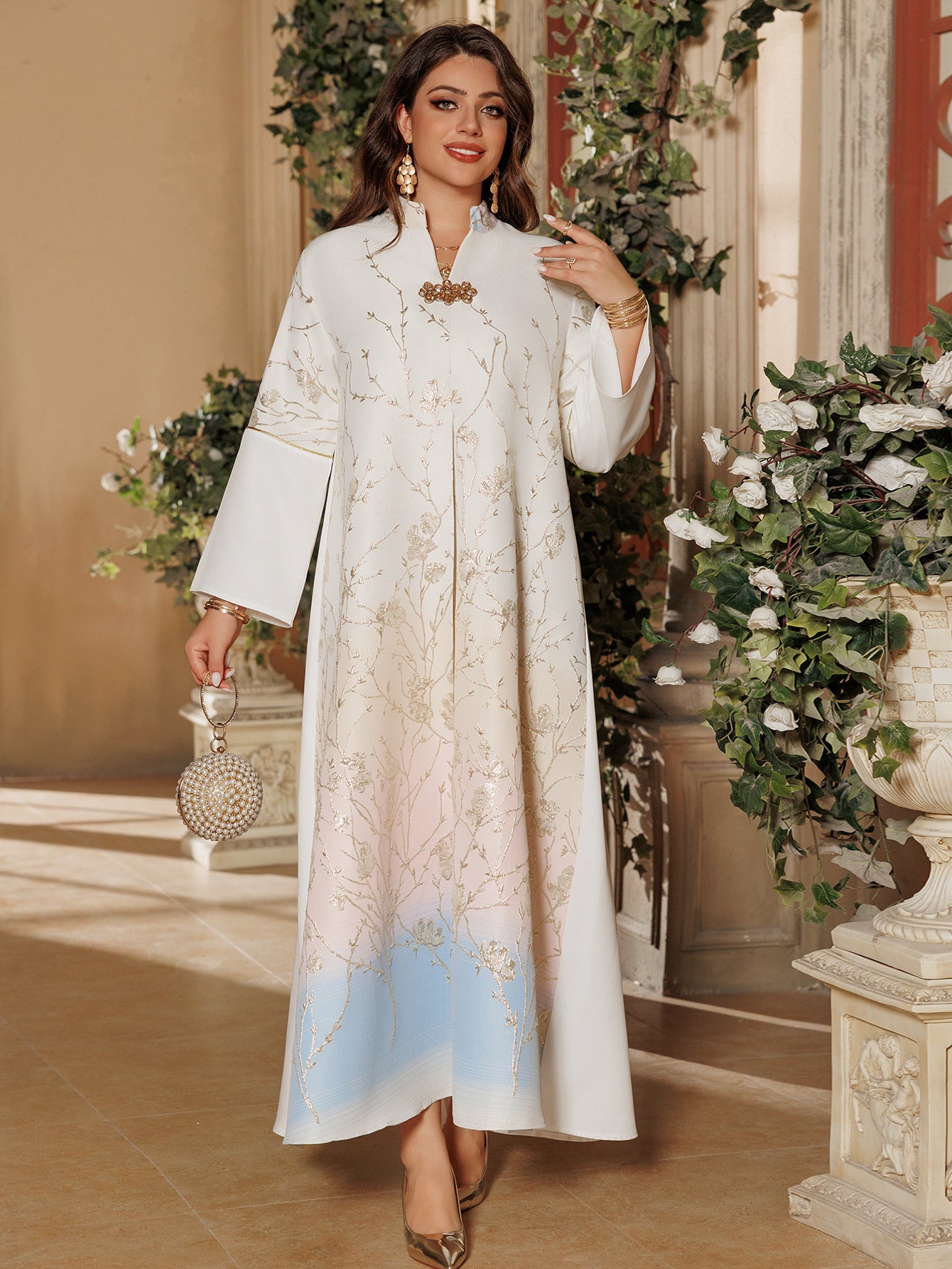 Embroidered Lace-Up Maxi Dress