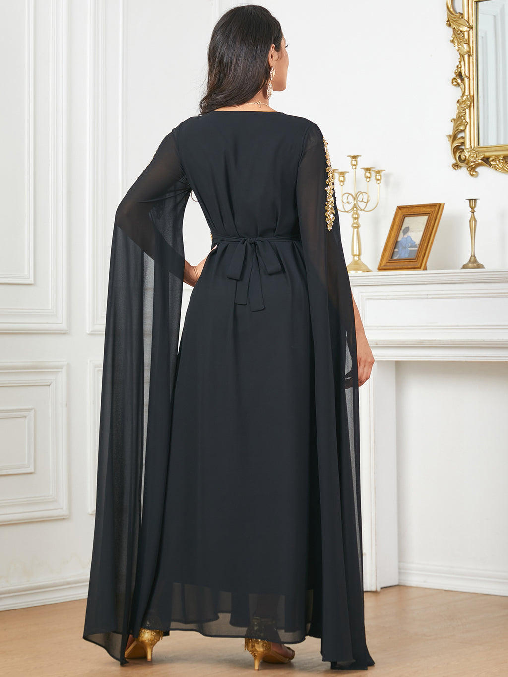 Beaded Flared-Sleeve Evening Maxi Dress
